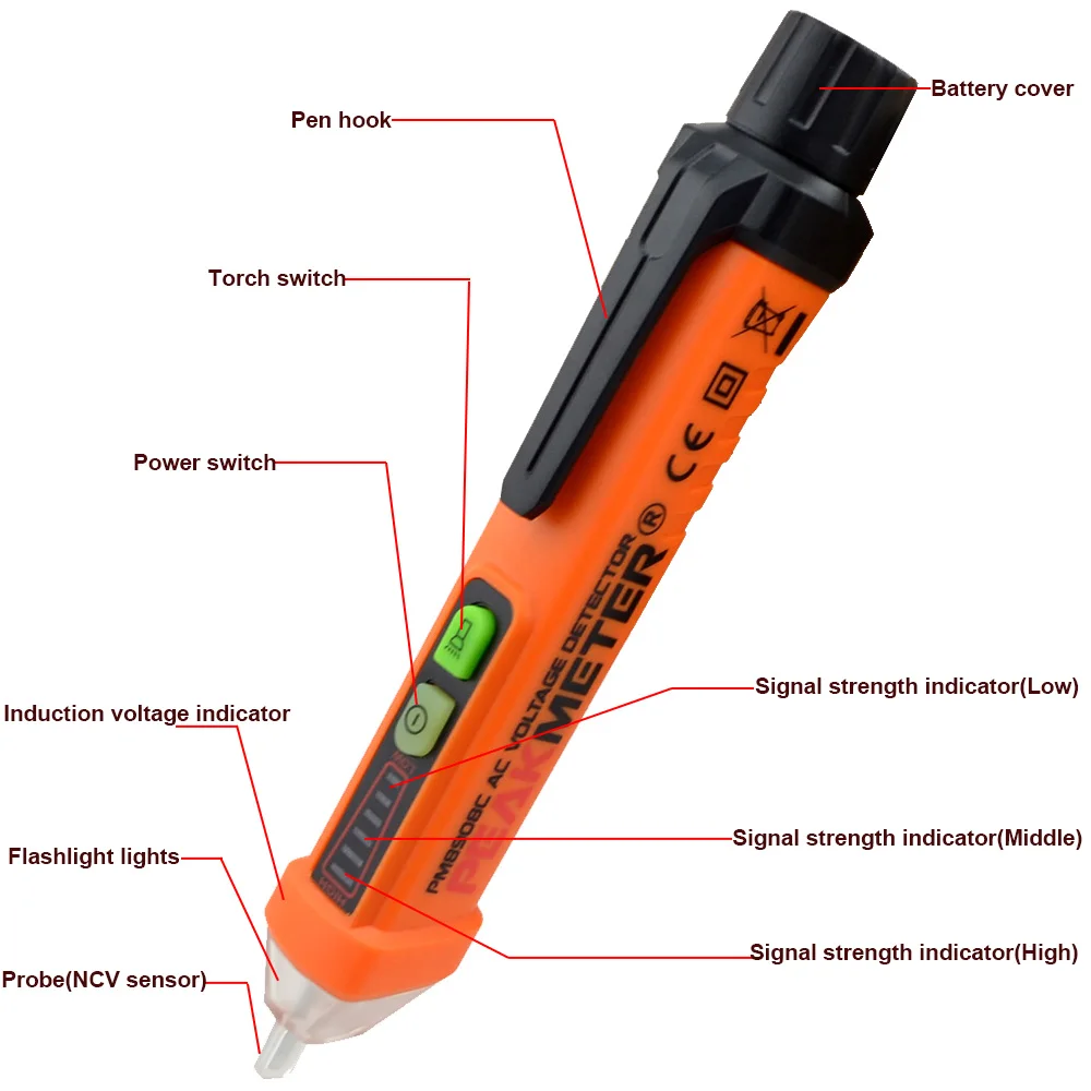 PEAKMETER PM8908C Многофункциональный перьевой детектор напряжения переменного тока 12