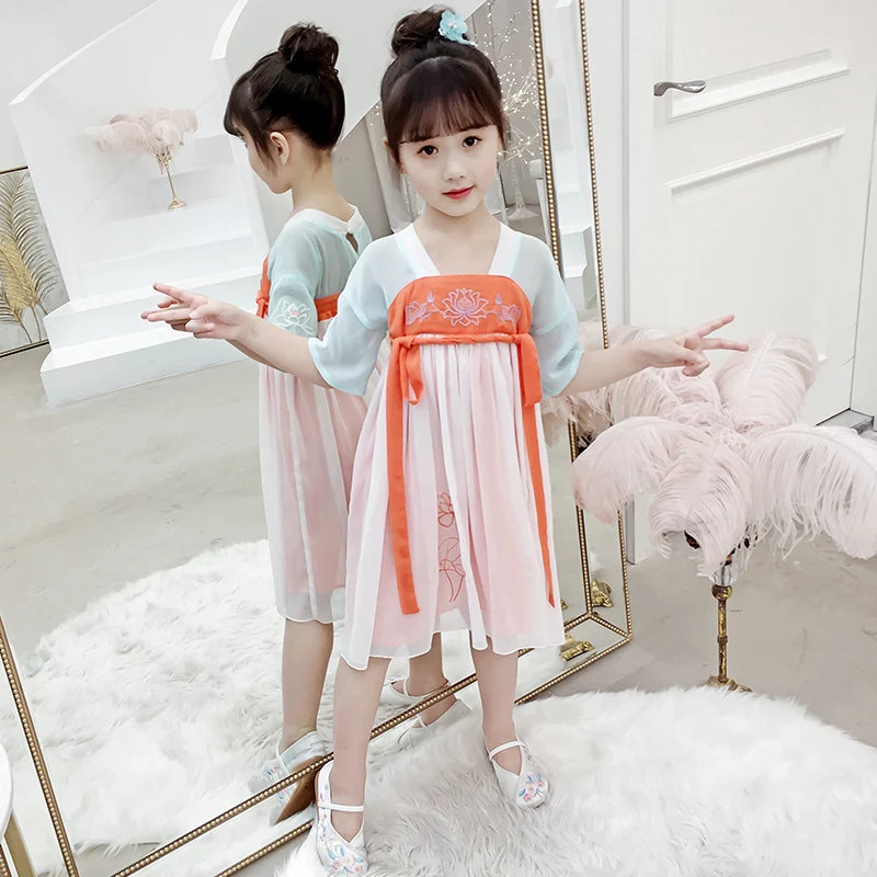 Модная одежда в китайском стиле цельнокроеное платье для девочек традиционном