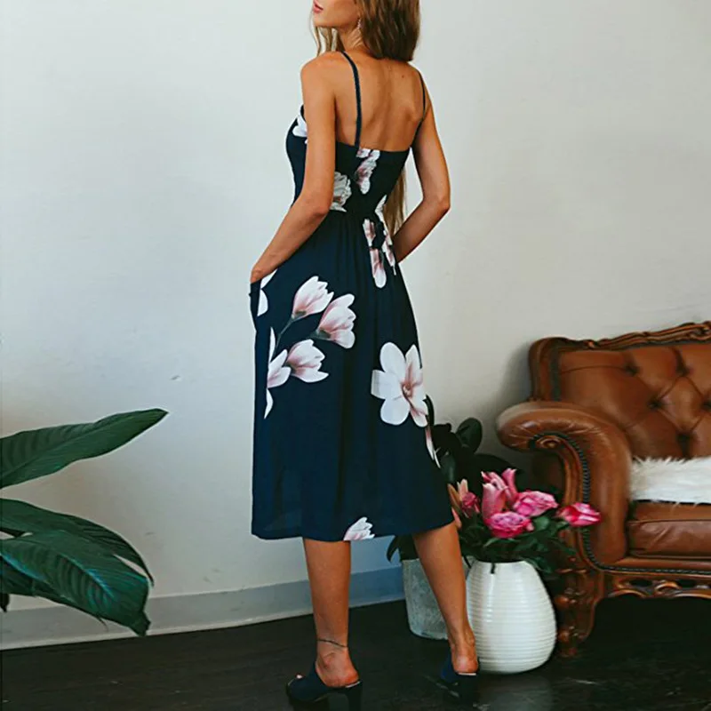 Boho Летнее платье с цветочным принтом для женщин, v-образный вырез, карманы, без рукавов, миди платья для женщин, Подсолнух, плиссированное, с открытой спиной, на пуговицах, сексуальное платье