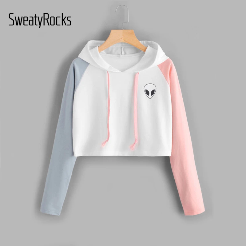 SweatyRocks инопланетянин принт контрастный рукав графическая Толстовка Женская Лоскутная с длинным рукавом укороченный топ пуловер для активного отдыха Повседневная Толстовка