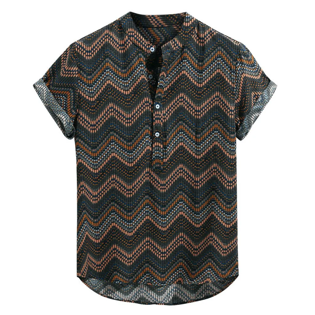 Синий Men's Clothing Vintage Ethnic Printed Turn Down Collar Short Printed Fashion Stand Collar Short Sleeve Loose Shirts Blouse - Цвет: Синий