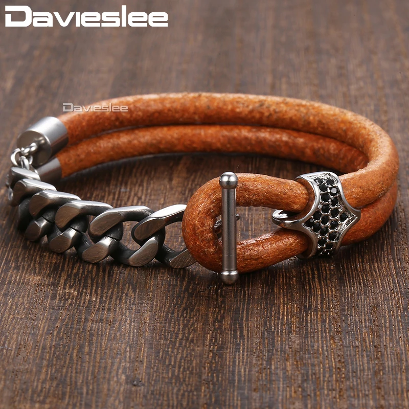 Браслет Davieslee для мужчин черные очаровательные стразы коричневый искусственная