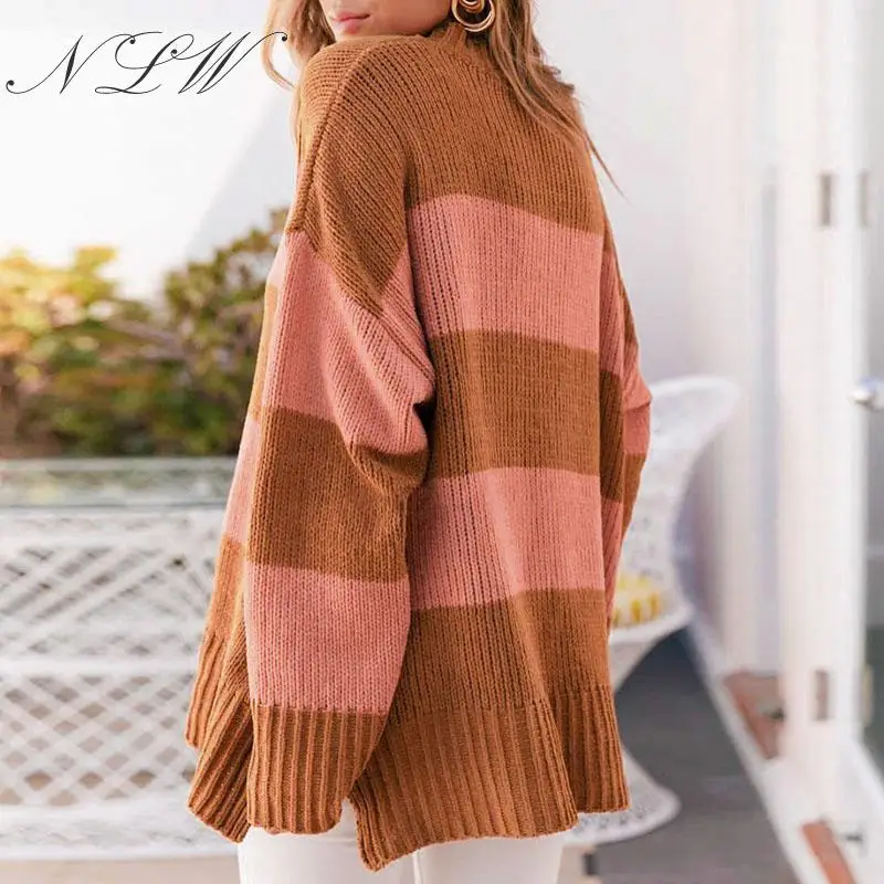 NLW Stripe Oversized Women Sweater Autumn Winter Plus Size Jumper Casual Loose Long Sleeve Pullover Streetwear | Женская одежда