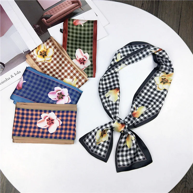 Spring Summer Retro Skinny Scarf Women Multicolor Flower Design Print Kerchief Woman Head Neck Satin Scarves Wraps | Аксессуары для