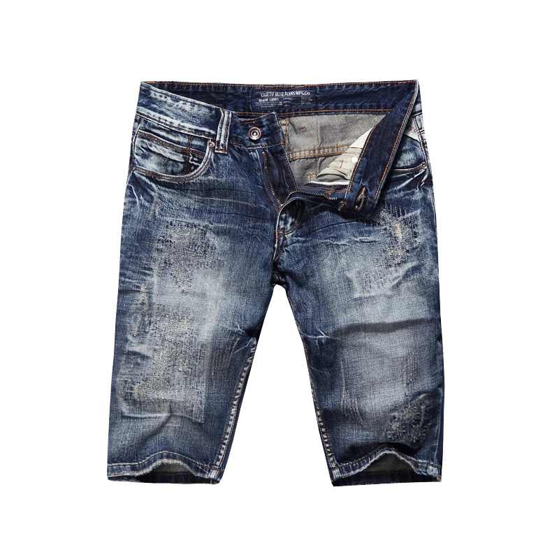 Мужские джинсовые шорты Темно Синие рваные винтажные дизайнерские уличные в