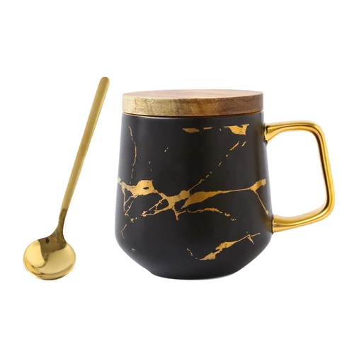 400ML 300/400 мл матовые керамические мраморные чашки для чая и кофе с деревянными блюдцами черно-белые золотые инкрустационные керамические чашки набор чашек для пар - Цвет: 400ML