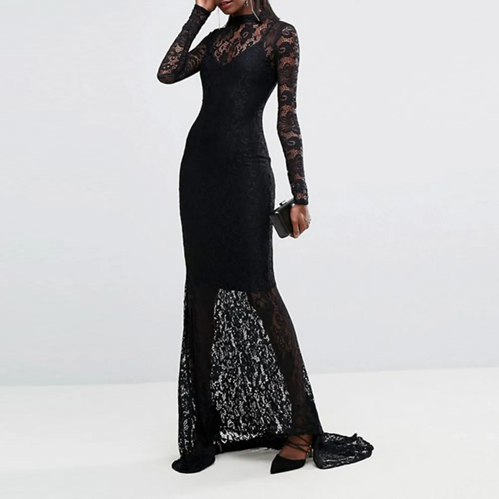 Модное облегающее платье с длинными рукавами бордовое кружевное вечернее