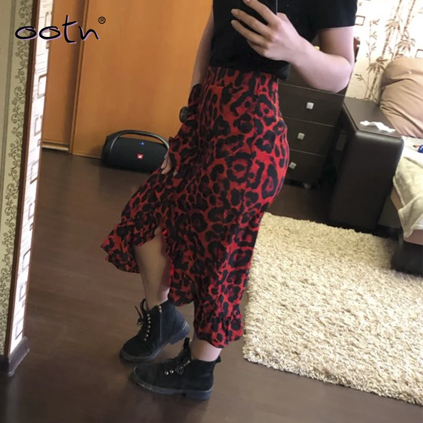Ootn Leopard длинная юбка женский Высокая талия длинная юбка Женский Улица рябить животных печати юбка Женский Лето Красный для отдыха
