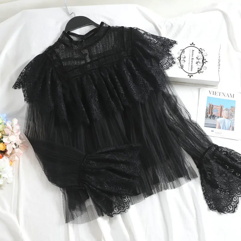 Women Shirts Женская рубашка с расклешенными рукавами, повседневная, новая, Лоскутная, открытая, кружевная, Цветочная, марлевая, сетчатая, вуаль, пуловер, плиссированная блузка, топы - Цвет: Women Shirts