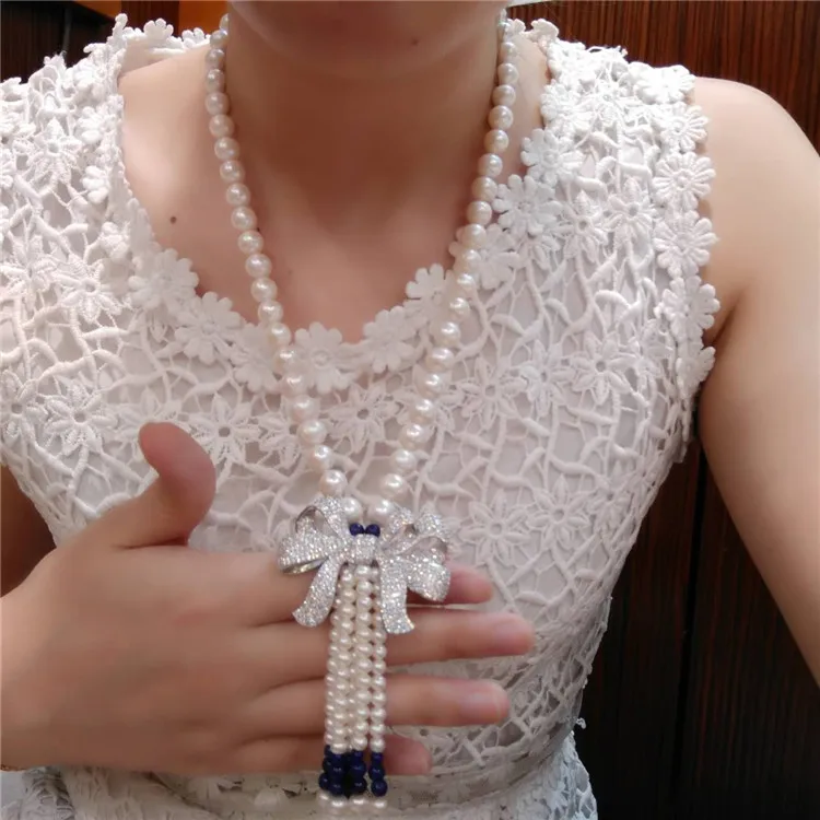 Hand knotted natural 8-9mm white freshwater pearls Lapis lazuli bowknot accessories long necklace sweater chain fashion jewelry | Украшения