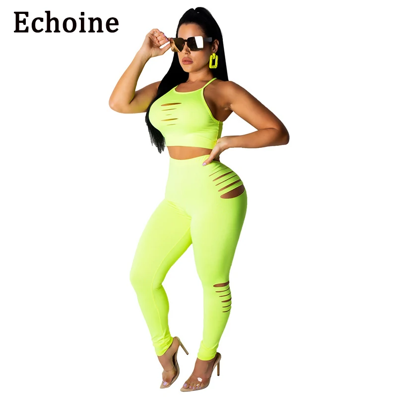 Комплект из двух предметов однотонный укороченный топ с вырезами и длинные брюки