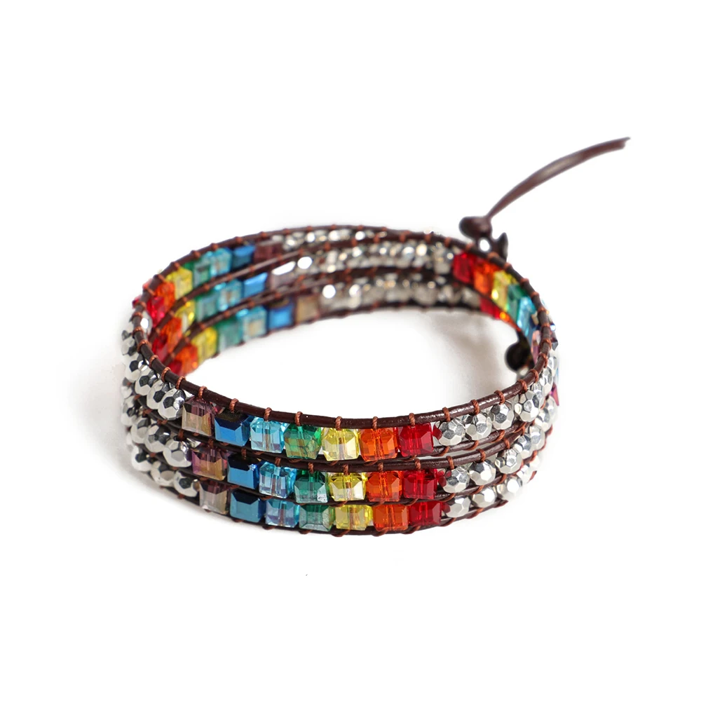 Многоцветный чакра обёрточная Бумага браслет для женщин ручной работы кожа