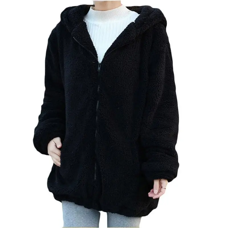 

Nice Pop Sale Women Cute Sweatshirt Hoodies Zipper Girl Winter Loose Fluffy Bear Ear Hoodie Hooded Jacket Warm Outerwear Coat