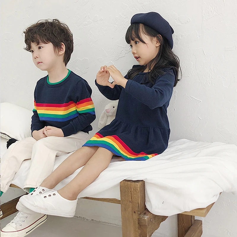 Платье для маленьких девочек 2-6 лет Радужное трикотажное платье-свитер мальчиков