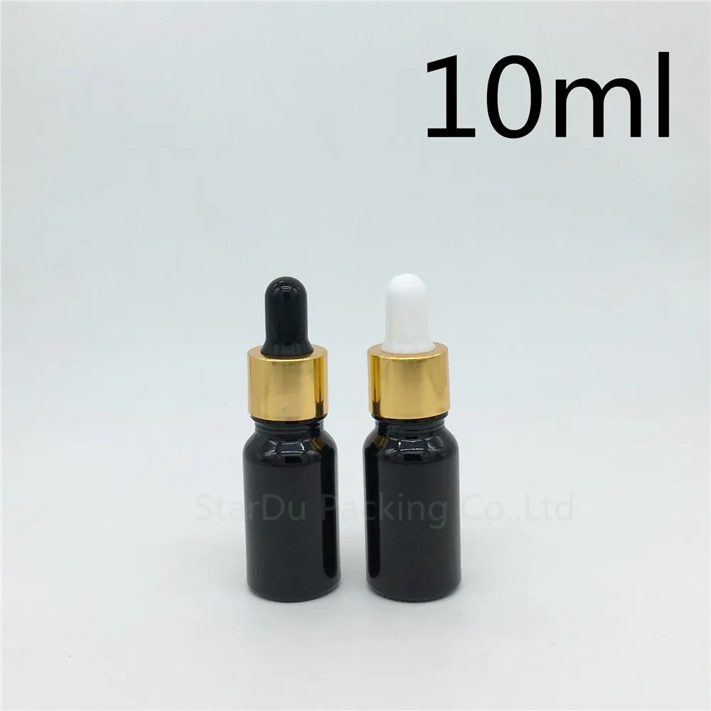 

10pcs/lot 10ml empty black glass essential oil bottle with gold aluminum ring dropper, 10CC glass perfume bottles