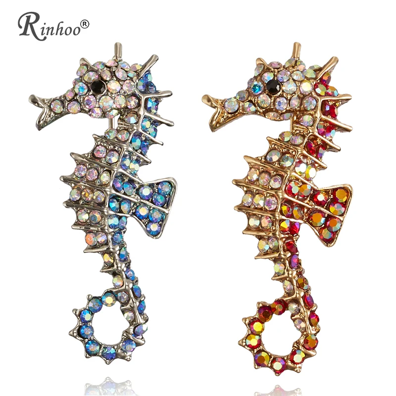 

RINHOO Animal Brooch Decoration Garment Corsage Rhinestones Red Blue Sea Horse Swim Hippocampus Brooches Women Men jewelry pins