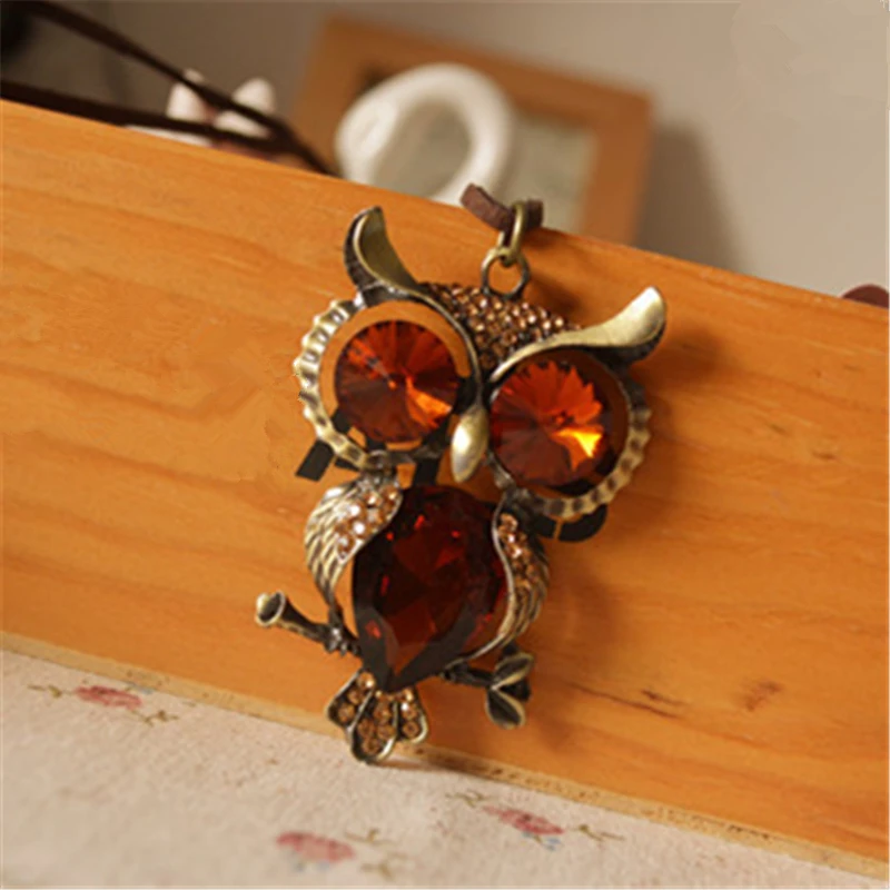 8SEASONS Fashion Jewelry Vintage Bronze Color Owl Created Gem Stone Blue Dark Brown Pendants Leather Rope Chain Necklace 1 Pc | Украшения и