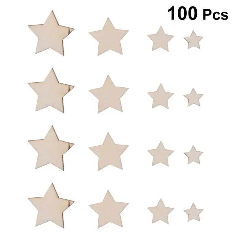 100pcs Unfinished Wooden Stars Cutout Discs Assortment For Patchwork Arts Crafts DIY Decoration Birthday Wedding Display A3