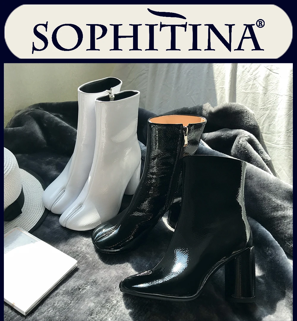 SOPHITINA/Женские ботильоны новейшие на весну и осень 2019г. Ботинки женские из лакированной кожи на ворсине. Обувь женская модная с молнием сбоку на среднем каблуке. Модная обувь женская с квадрадным носком. SO222