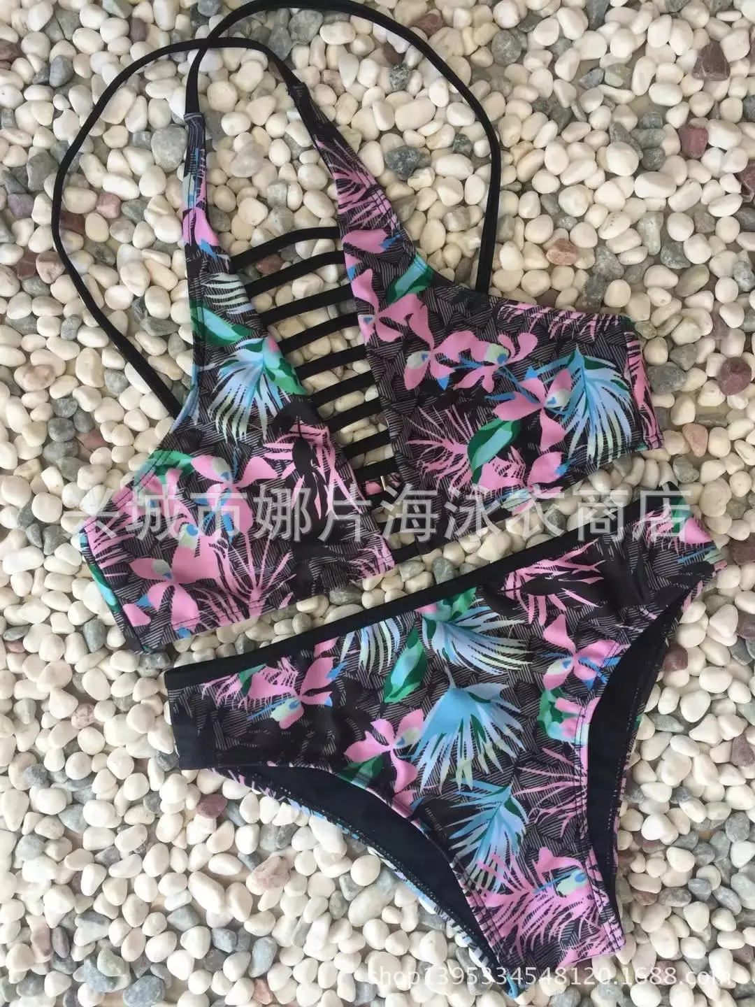 

New Sexy Floral Triangle Push Up Halter Top Bra Bandage Bikini Set Women Swimwear High Neck Swimsuit Brazilian Bathing Suit 2021