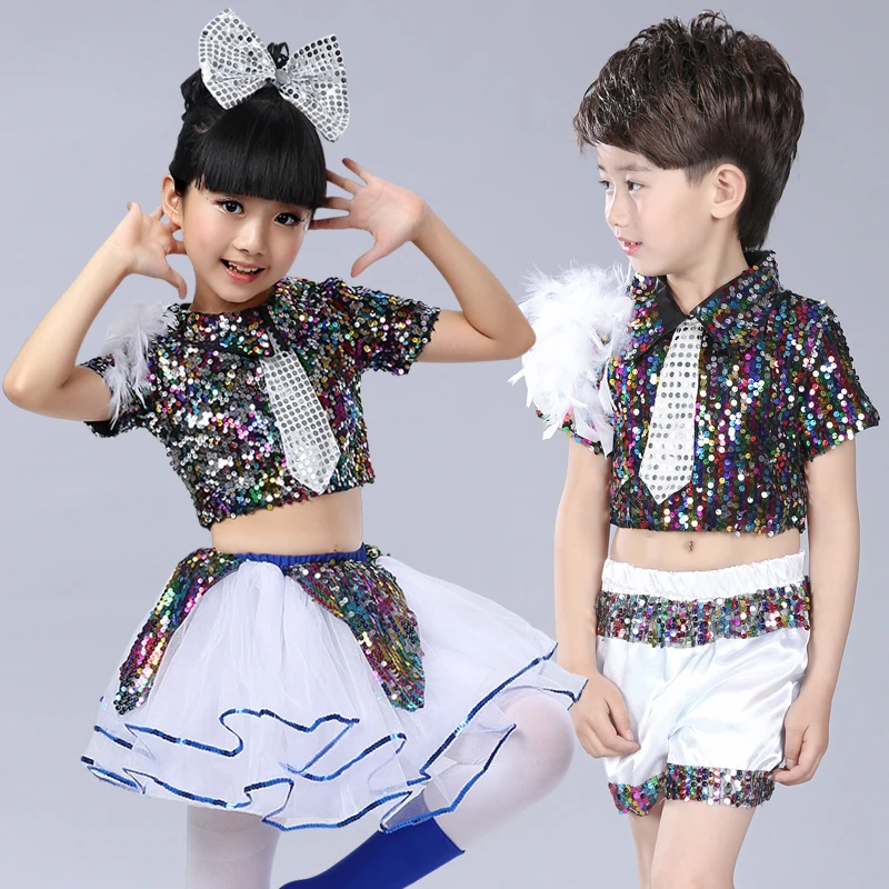 

Sequin Jazz Dance Modern Girls Jazz Dancing Costumes Colorful Sequin tutu Dress Suit Girl Stage Perform Wear Garments for Boys
