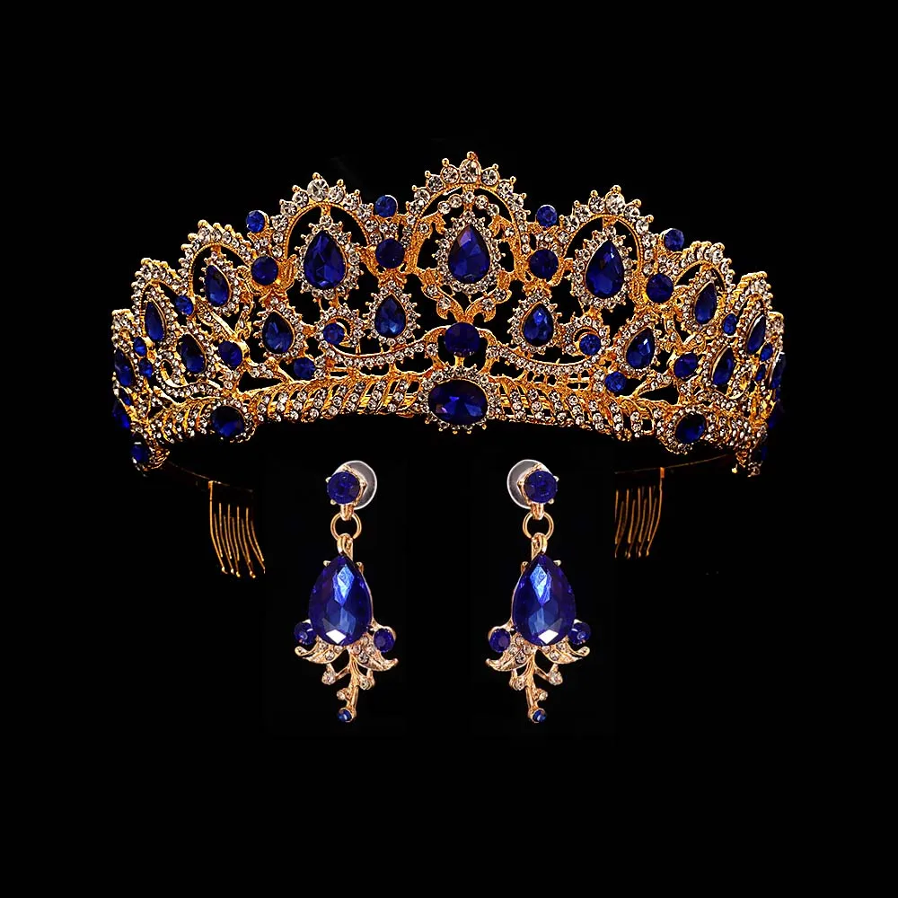 blue Серебряная свадебная корона для женщин, королевские кристаллы, свадебные диадемы и короны, роскошные свадебные украшения для волос, модная повязка на голову, аксессуары - Окраска металла: blue