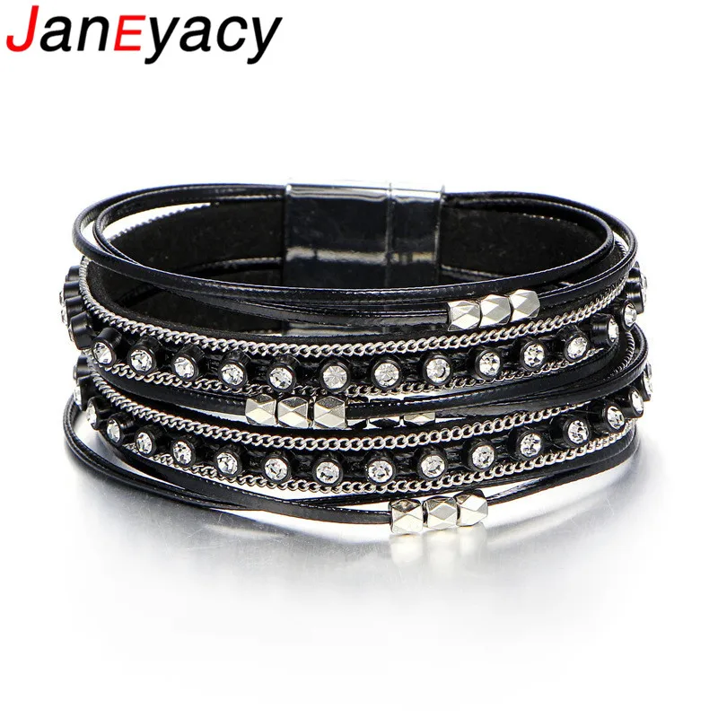

Janeyacy New Bohemia Beads Crystal Charm Leather Bracelets Pulseras Multiple Layers Rope Womans Bracelet Bangles Fashion Female
