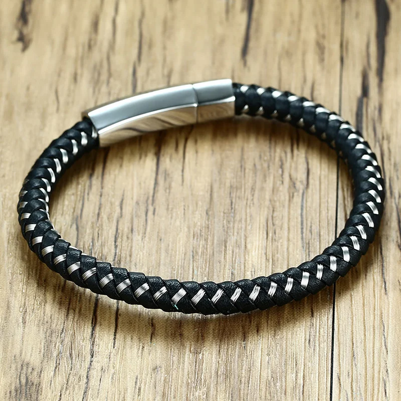 Vnox 6mm Genuine Leather Bracelet for Men Bangle Top Quality Stainless Steel Closure Classic Black Male Jewelry|bracelets for|leather braceletleather
