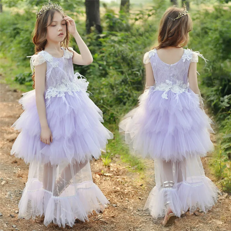 New Lace Feathers Girl Flower Wedding Prom Gown Children Long Trained Evening Dress Girls Events Party Wear Kid Clothing G511 | Детская