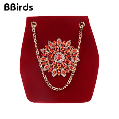 AAB0785-red2 BBirds велюровая сумка-мешок с бриллиантами, женская сумка на плечо, женские сумки с кристаллами и цветочной цепочкой, велюровая вышивка, дамская сумочка с бриллиантами - Цвет: AAB0785-red2
