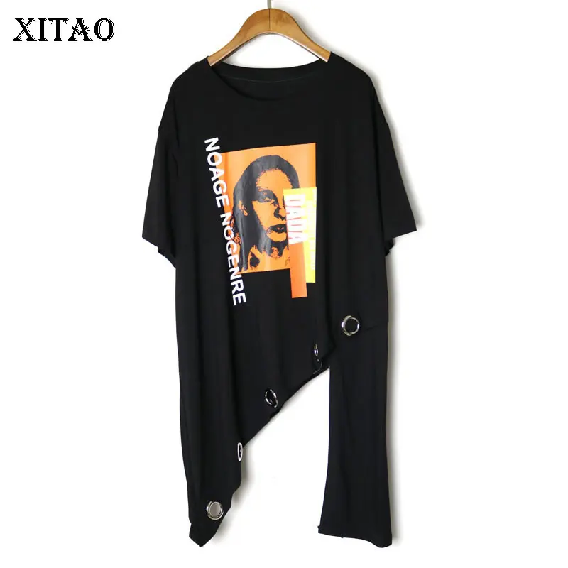 XITAO уличная модная женская футболка с круглым вырезом и асимметричным подолом