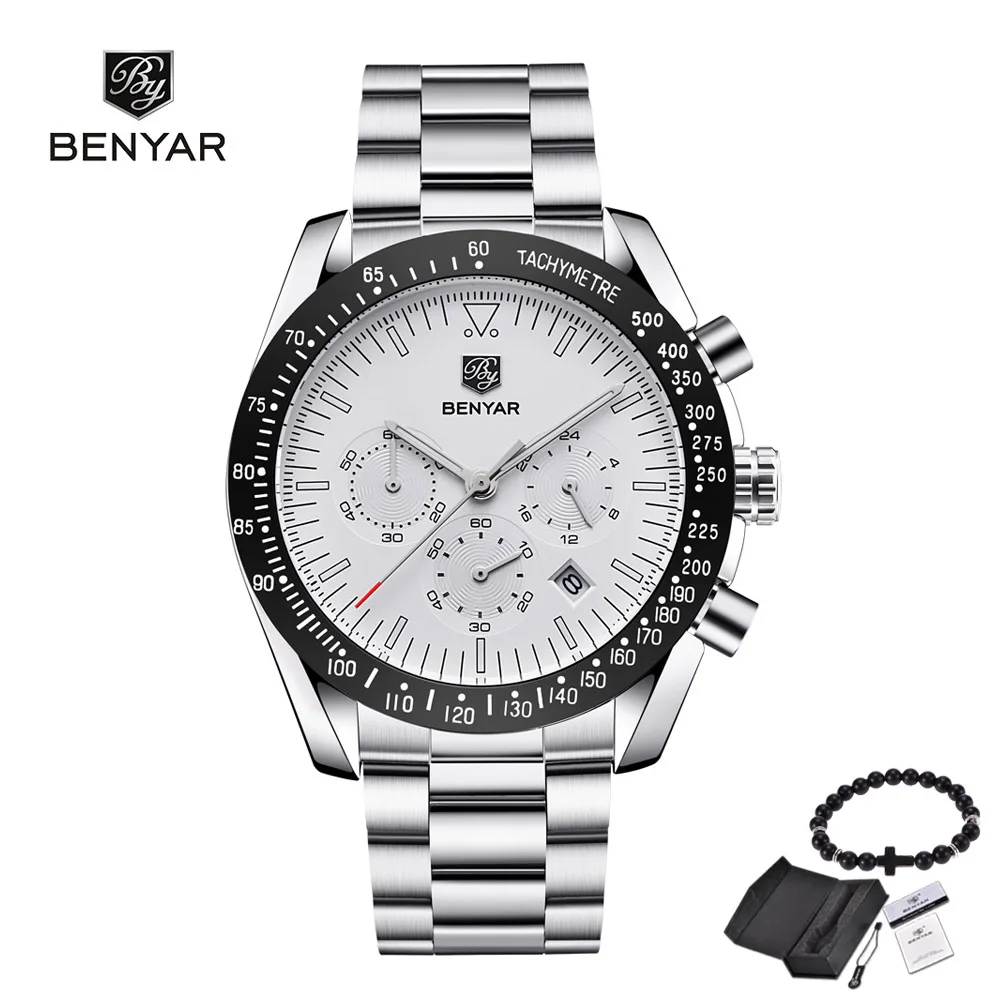 steel Топ люксовый бренд BENYAR мужские часы спортивные бизнес Стальные кварцевые часы повседневные мужские наручные часы с хронографом Relogio Masculino - Цвет: steel