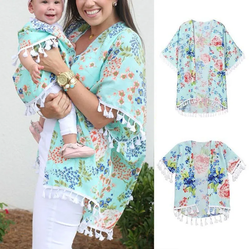 Шифоновое пляжное кимоно с принтом для мамы и дочки|Блузки рубашки| |