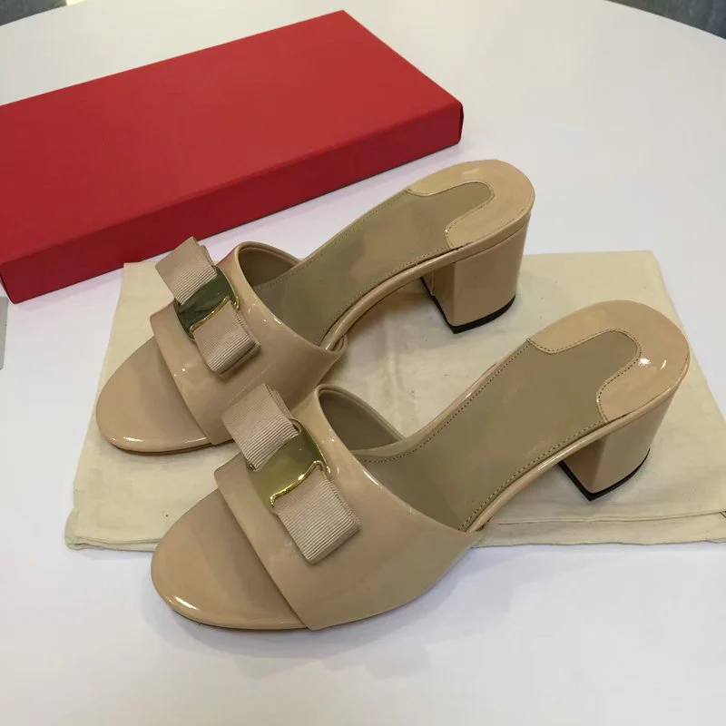 

2018 Summer Genuine Leather Women Bow Tie Designer Slippers High Heels Sandals Shoes DA047