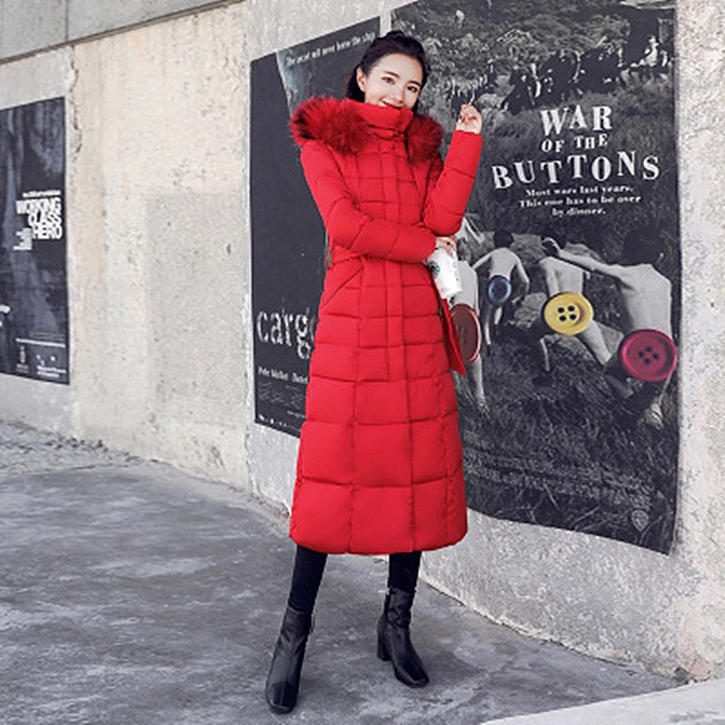 Парки Женская одежда 2018 Длинные выше колена с меховым воротником большого