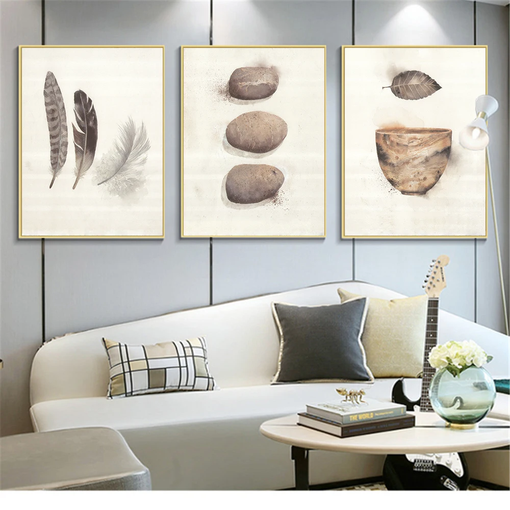 Modern Style Wall Art Picture Nordic Poster Gray Watercolor Stone Feather Bird'S Nest Print HD Painting Home Decor On Canvas | Дом и сад
