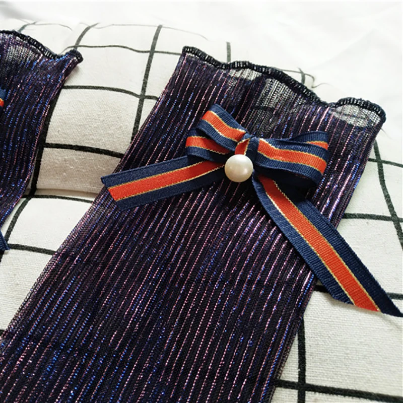 Прозрачные Серебристые шелковые яркие вертикальные носки ручной работы в сетку