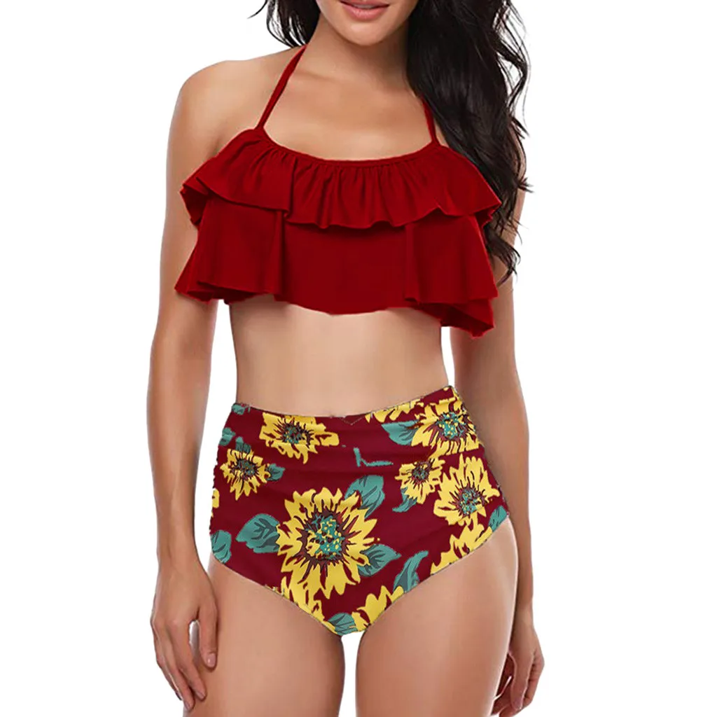 Женский комплект из двух предметов с оборками и высокой талией сексуальный