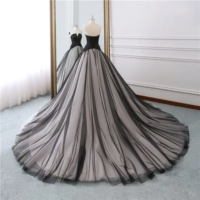 Феи Черный без бретелек v образным вырезом атласная Vestidos De Novia спинки Тюль бальное