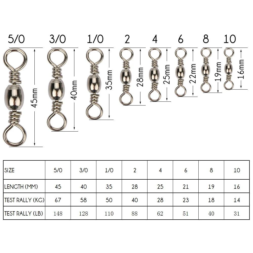 Goture 200pcs/lot Rolling Barrel Swivel Fishing Swivel Carbon Steel Sea Fishing Hook Fishing Hook Size 10, 8, 6, 4, 2, 1/0,