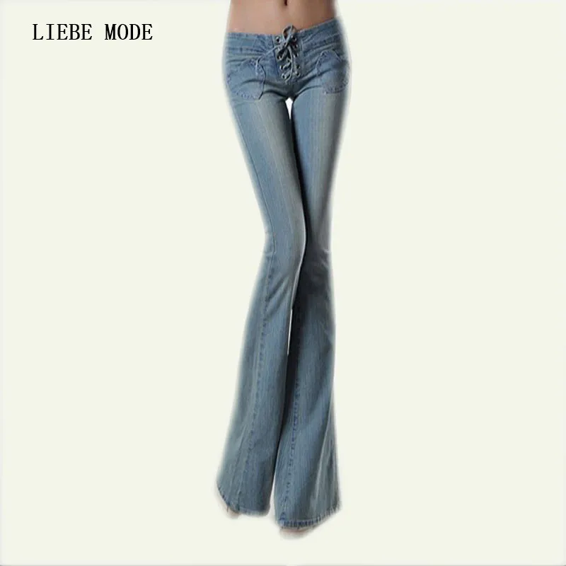 Women Drawstring Wide Leg Flare Jeans Fashion Office Lady High Waist Flared Denim Pants Long Sexy Push Up Flared Jeans Trousers