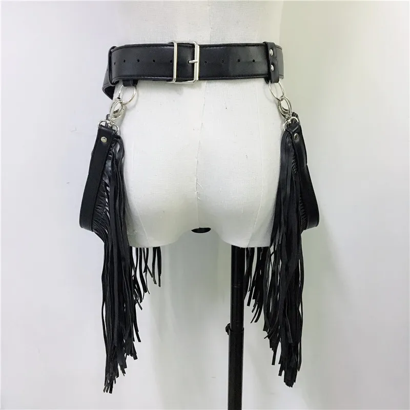 Summer Goth Black Leather 2 Piece Sets Multilayer Link Chain Bra Harness Long Tassel Garters Belts Clubwear Sexy Matching | Женская