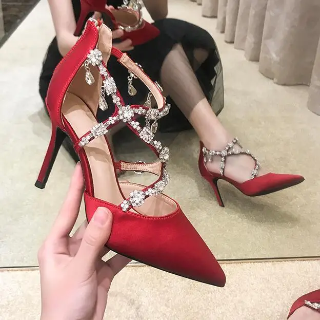 

BONJEAN Woman Sexy Wedding Shoes Sexy Pointed Toe Crystal Decorations Cross-tied High Heel Shoes Thin Heels Pumps Red Black