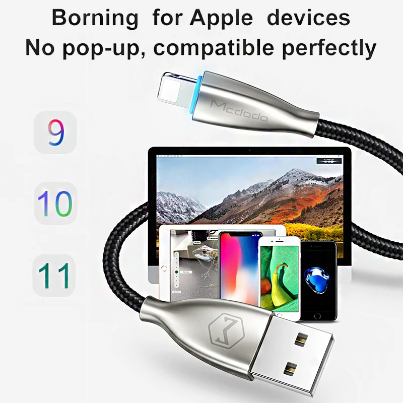 Usb-кабель Mcdodo для зарядки iPhone 11 Pro Max X XR XS Max 8 7 Plus iPad, usb-кабель для быстрой зарядки, светодиодный usb-кабель для передачи данных