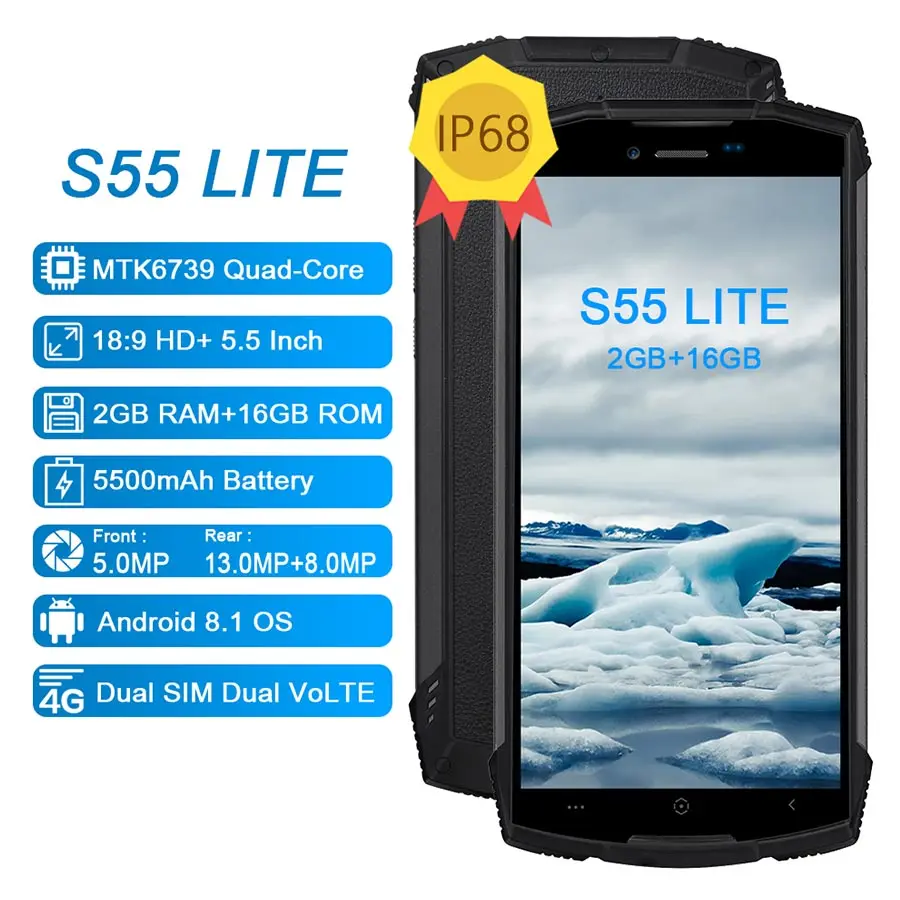 DOOGEE S55 Lite IP68 Водонепроницаемый Android 8 1 2 Гб ОЗУ 16 ПЗУ 5500 мАч MTK6739 Dual SIM VoLTE 13 0 МП 5 дюйма