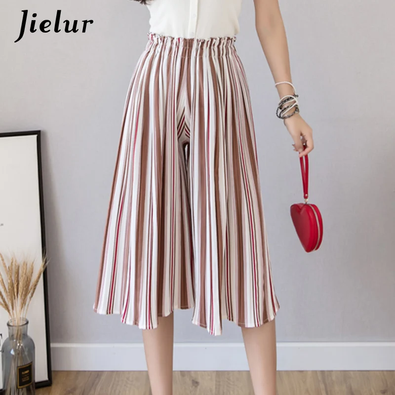 Red White Striped Jielur модные плиссированные шифоновые брюки женские летнее в горошек Цветочные полосатые широкие брюки женские свободные Женские панталоны - Цвет: Red White Striped