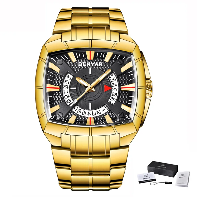 Gold Black Benyar мужские часы Топ люксовый бренд военные Reloj Hombre Стальные кварцевые часы водонепроницаемые спортивные повседневные наручные часы Montre Homme - Цвет: Gold Black