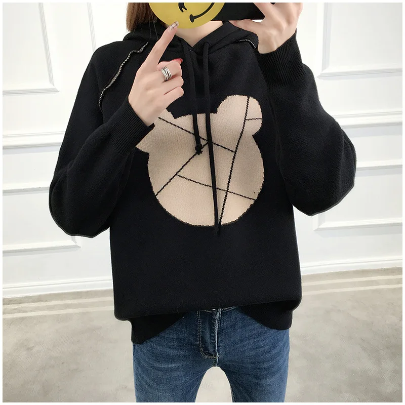 2018 autumn and winter sweater new women loose pullover cartoon hooded casual Lantern sleeve knit sweaters | Женская одежда