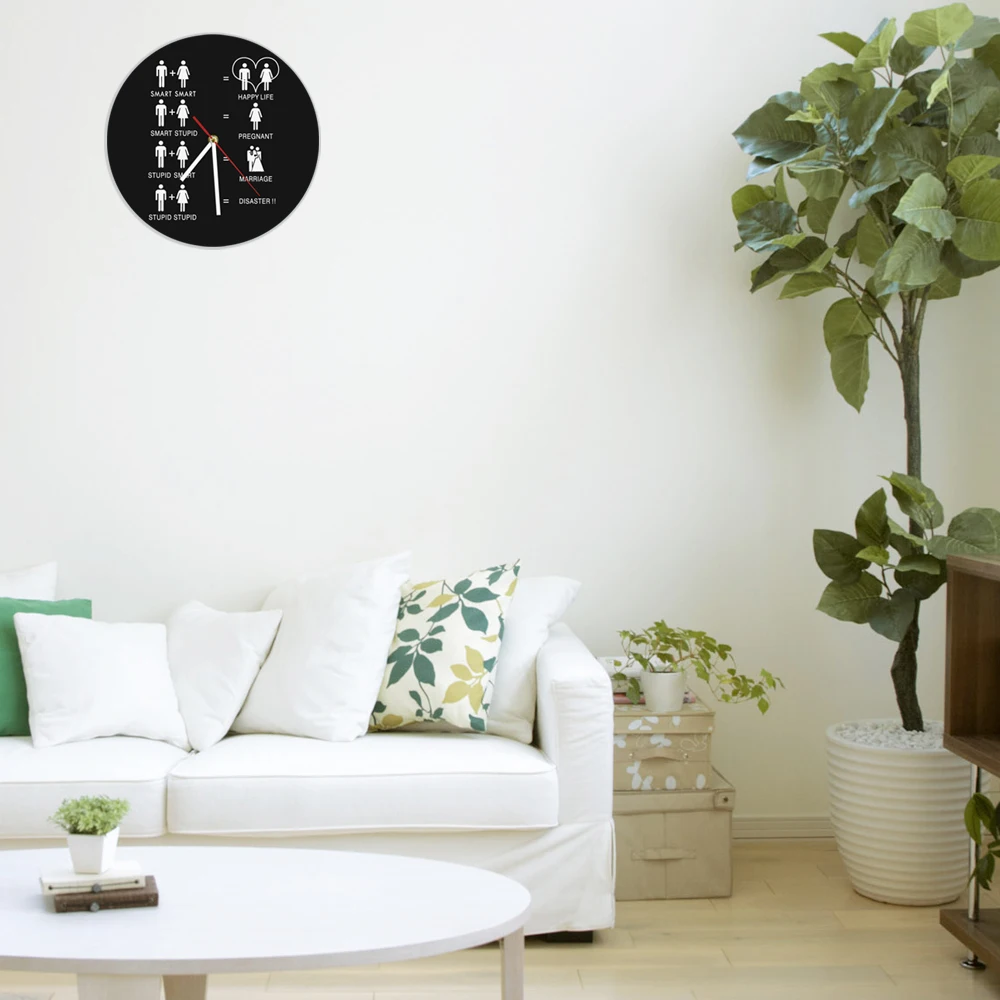 

Funny 7 Lovely Logics Wall Clock Happy Life Marriage Round Iconic Silhouette Wall Art Wicked Wedding Mantra Home Decor