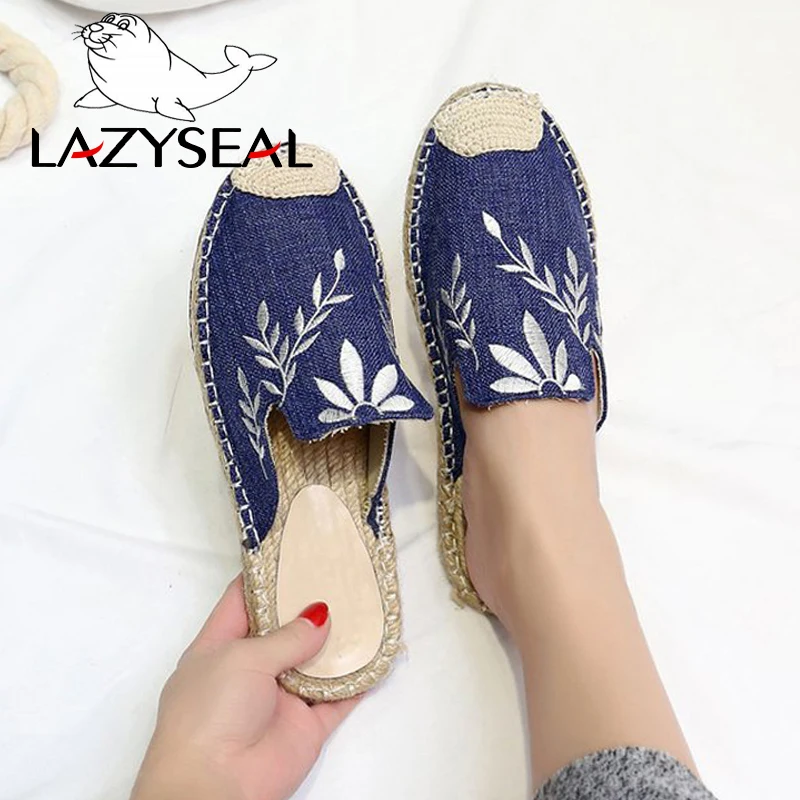 

LazySeal Baotou Embroider Slippers Women Shoes Flat-Soled Non-Slip Ladies Flip Flops Hemp Bottom Woman Slides Breathable Slipper